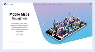 navegación de mapas móviles y concepto de seguimiento. mapa isométrico de la ciudad, diseño de aplicaciones, infografía. página de inicio de plantilla para sitio web. ilustración vectorial isométrica 3d. vector