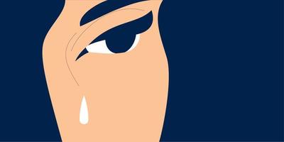 Close up portrait of crying young woman. Eye with tear drop. Fragile person vector illustration concept.