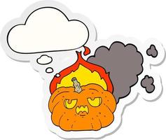 dibujos animados de calabaza de halloween en llamas y burbuja de pensamiento como una pegatina impresa vector