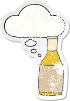 cartoon beer bottle and thought bubble as a distressed worn sticker vector