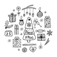 elementos de garabatos navideños. simples ilustraciones de invierno dibujadas a mano. tarjeta de navidad, feliz año nuevo vector