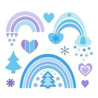 Winter rainbow collection in flat style. Cute illustration in blue on the theme of Christmas, New Year, cozy winter. Rainbows, snowflakes, trees, hearts vector
