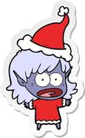 sticker cartoon of a shocked elf girl wearing santa hat vector