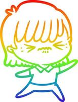 rainbow gradient line drawing annoyed cartoon girl vector