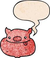 cara de cerdo feliz de dibujos animados y burbuja de habla en estilo de textura retro vector