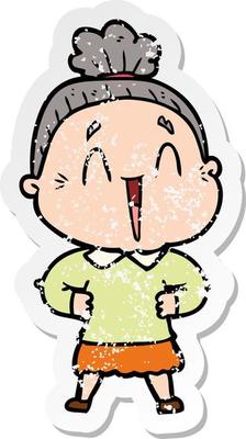 distressed sticker of a cartoon happy old lady