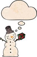 cartoon snowman and thought bubble in grunge texture pattern style vector