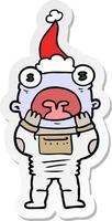 sticker cartoon of a alien gasping in surprise wearing santa hat vector