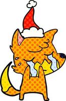 crying fox comic book style illustration of a wearing santa hat vector