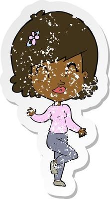 retro distressed sticker of a cartoon pretty woman dancing