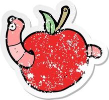 retro distressed sticker of a cartooon worm in apple vector