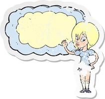 retro distressed sticker of a cartoon woman with cloud text space vector