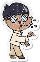 distressed sticker of a cartoon boy wearing spectacles and making point
