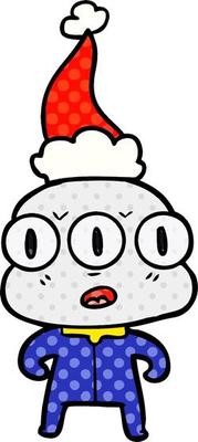 comic book style illustration of a three eyed alien wearing santa hat