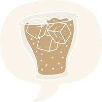 vaso de dibujos animados de cola y hielo y burbuja del habla en estilo retro vector