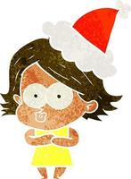 retro cartoon of a girl pouting wearing santa hat vector