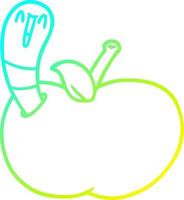 línea de gradiente frío dibujo gusano de dibujos animados en manzana vector