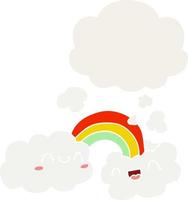 nubes de dibujos animados felices y arco iris y burbuja de pensamiento en estilo retro vector