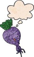 cartoon turnip and thought bubble in grunge texture pattern style vector