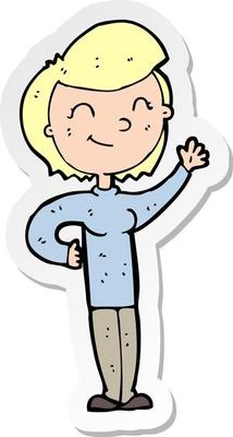 sticker of a cartoon friendly waving woman