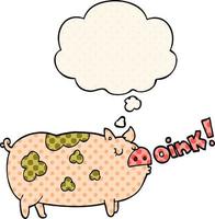 cartoon oinking pig and thought bubble in comic book style vector