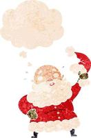 cartoon santa claus waving hat and thought bubble in retro textured style vector