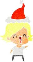 retro cartoon of a happy woman wearing santa hat vector