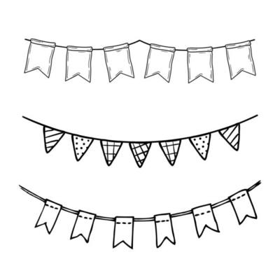 Doodle party bunting flags set. Black line sketch garlands