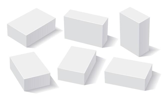 Rectangle white boxes, 3D rendering with shadows. Box set for packaging and branding design, mockup boxes in different position.