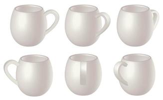 Mug mockup set. Collection of white mugs in different position. 3D rendering coffee, tea, hot chocolate mock ups, vector illustration.