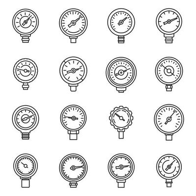 Gauge manometer icons set outline vector. Pressure meter