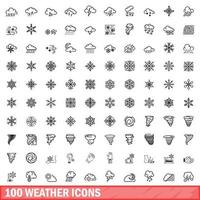 100 iconos meteorológicos establecidos, estilo de contorno vector