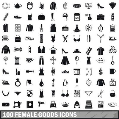 100 female goods icons set, simple style