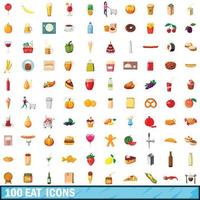 100 eat icons set, cartoon style vector