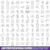 100 iconos profesionales establecidos, estilo de esquema vector