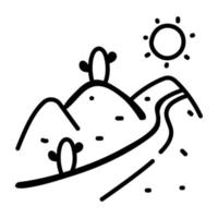 Desert with cactus and sun, doodle icon vector