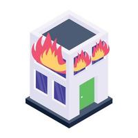 An editable isometric icon of burning home vector