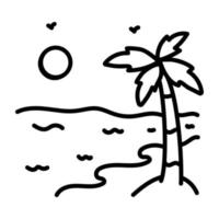 un icono de un diseño de garabatos de playa, palmera, sol y agua vector