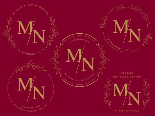 Monogram linear flat wedding logo collection. Round symbol for Romantic greeting card. Wild nature circle frame design element. flower border invitation template. vector illustration.