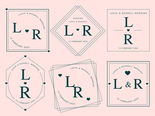 Geometric symbol set for romantic greeting card. Monogram linear flat wedding logo collection. Minimal frame design element. Square border invitation template. line icon vector illustration.