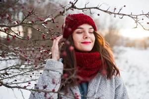 Portrait of gentle girl in gray coat , red hat and scarf near the branches of a snow-covered tree. photo