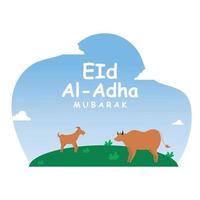 happy eid al adha illustration with goats, sheep, cows and camels vector