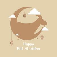 happy eid al adha illustration with goats, lanterns and moon vector