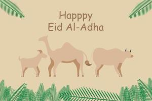 feliz eid al adha ilustración con cabras, ovejas y camellos vector