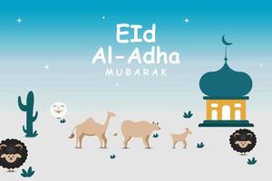 happy eid al adha illustration with goats, sheep, and camels vector