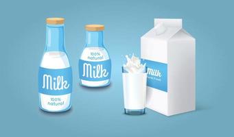 juego de leche en diferentes paquetes, salpicaduras de leche, vidrio, cartón, botella aislada en productos lácteos de fondo blanco en estilo plano y estilo 3d, juego de botellas de leche vector