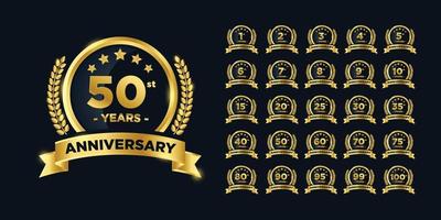 Set of golden rounded anniversary labels or emblems with laurel leaves vector