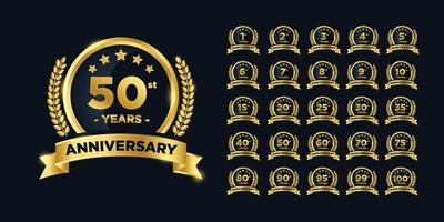 Set of golden rounded anniversary labels or emblems with laurel leaves vector