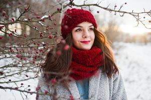 retrato de una chica gentil con abrigo gris, sombrero rojo y bufanda cerca de las ramas de un árbol cubierto de nieve. foto