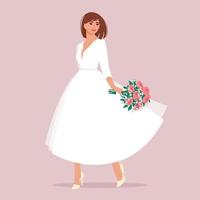 Woman bride in white dress with bouquet. Vector illustration in flat style